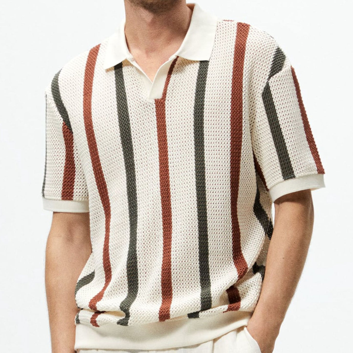 Men's Woolen Casual Polo Shirt with Striped Contrast and Thick Needle Knit