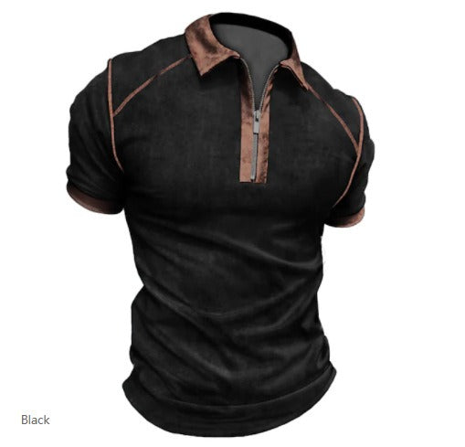 Summer Men's Short Sleeve Polo with Color Block and Zipper
