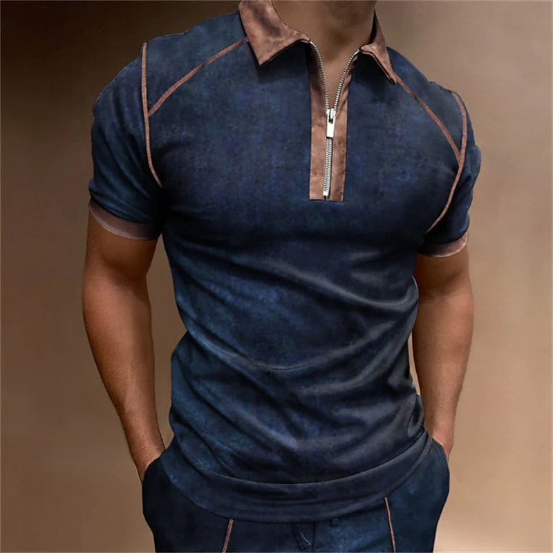 Summer Men's Short Sleeve Polo with Color Block and Zipper