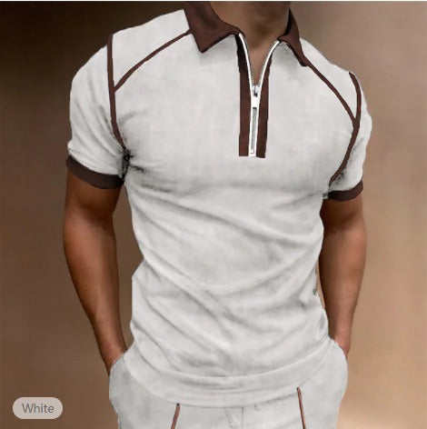 Summer Men's Short Sleeve Polo with Color Block and Zipper