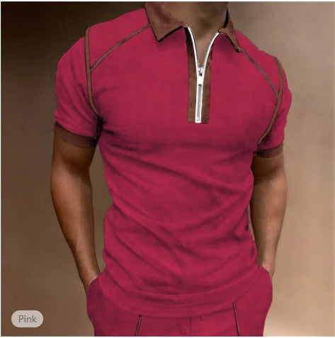 Summer Men's Short Sleeve Polo with Color Block and Zipper