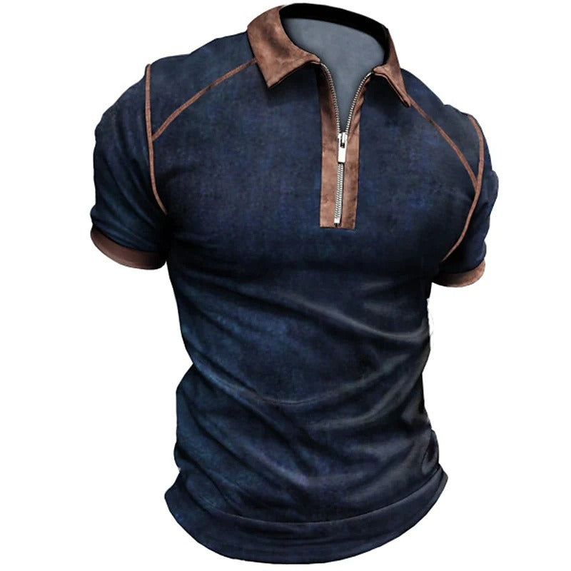 Summer Men's Short Sleeve Polo with Color Block and Zipper