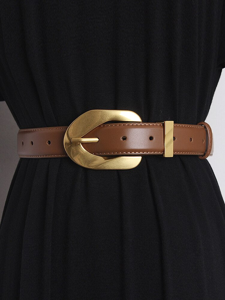Golden Button High Waist Leather Belt