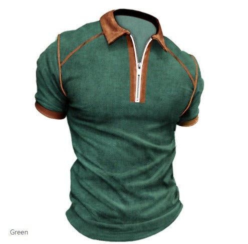 Summer Men's Short Sleeve Polo with Color Block and Zipper