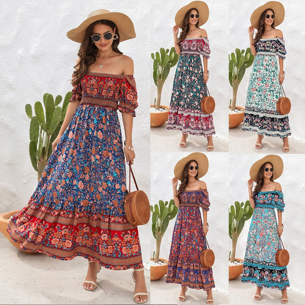 Beach Vacation Dress with Off-Shoulder Bubble Sleeves - European & American Style Mid-Length Dress