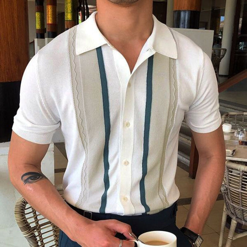 Men's Summer Knitted Stripe Polo Shirt with Lapel Collar