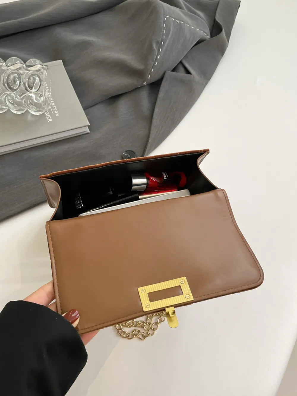 Elegant Velvet Crossbody with Gold Chain & Buckle Detail