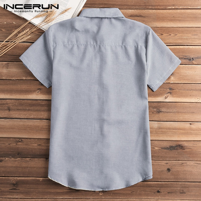 Men's Short Sleeve Lapel Neck Shirt with Button Pockets - Solid Casual Blouse