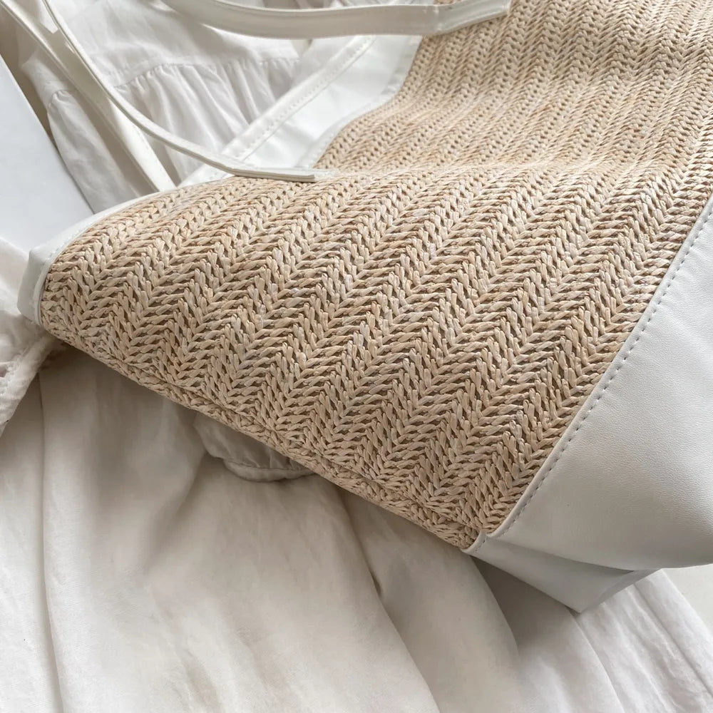 Woven Straw Tote Bag with Leather Straps – Large Summer Handbag