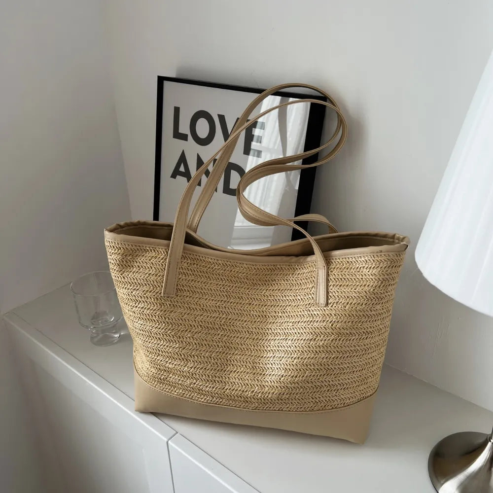 Woven Straw Tote Bag with Leather Straps – Large Summer Handbag