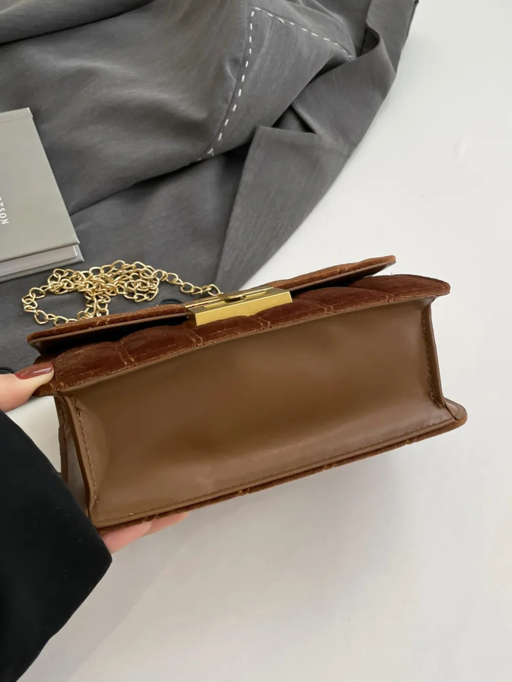 Elegant Velvet Crossbody with Gold Chain & Buckle Detail