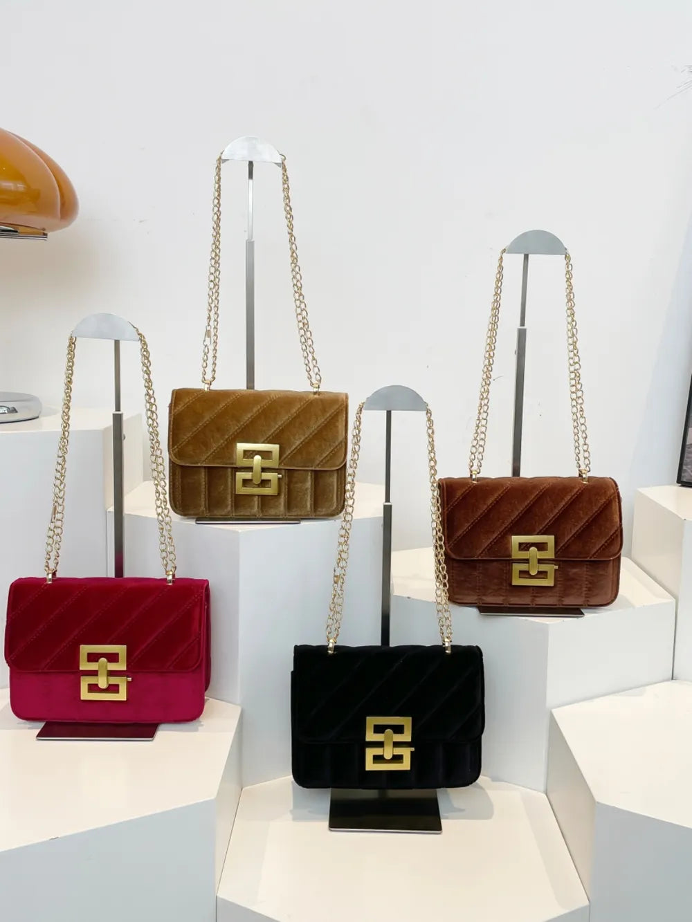 Elegant Velvet Crossbody with Gold Chain & Buckle Detail