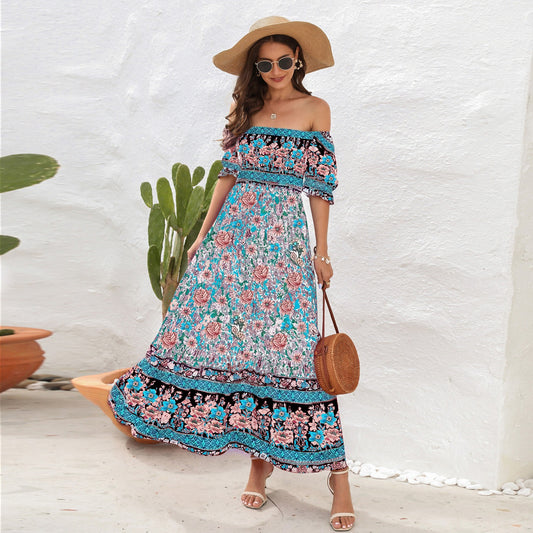 Beach Vacation Dress with Off-Shoulder Bubble Sleeves - European & American Style Mid-Length Dress