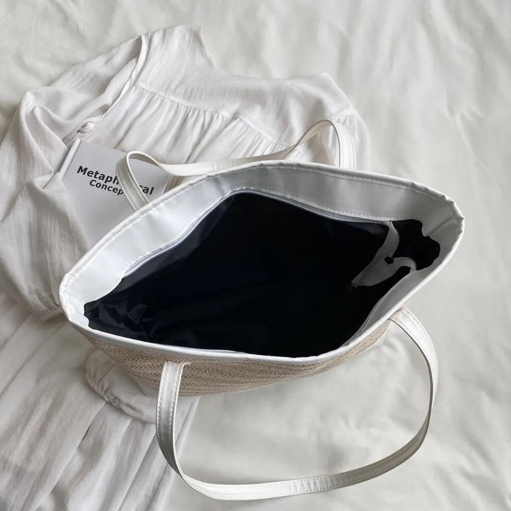 Woven Straw Tote Bag with Leather Straps – Large Summer Handbag