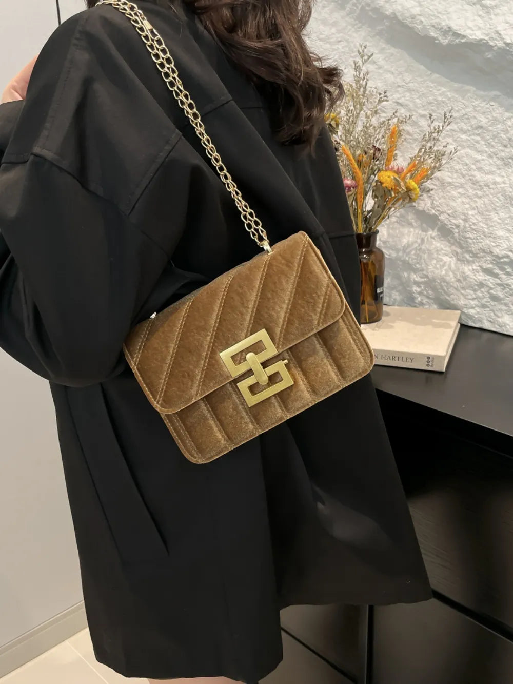 Elegant Velvet Crossbody with Gold Chain & Buckle Detail