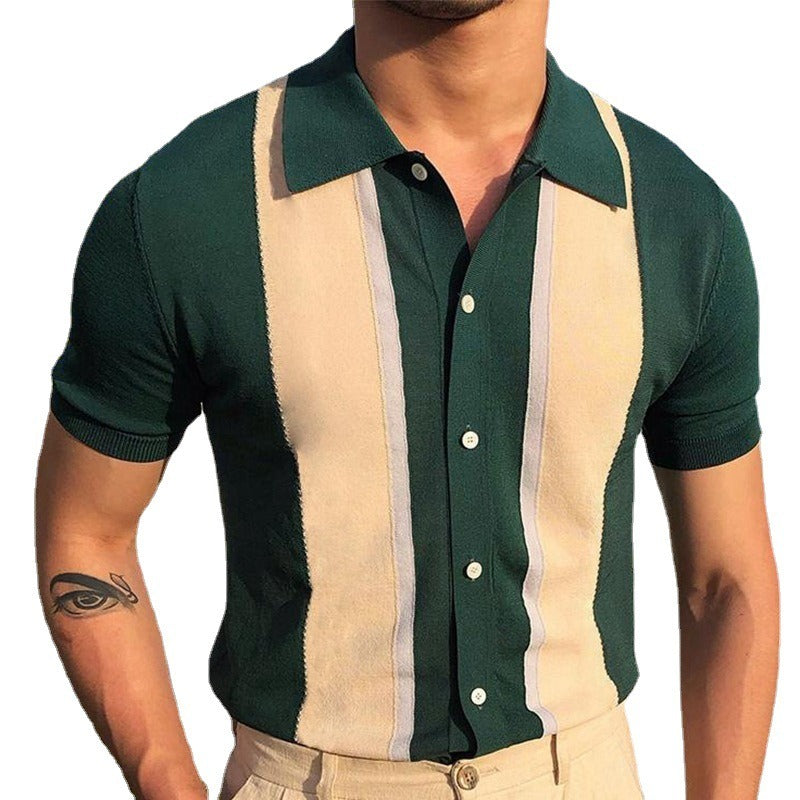 Elegant Contrast Flip Collar Polo Shirt - Knitted, Short Sleeves