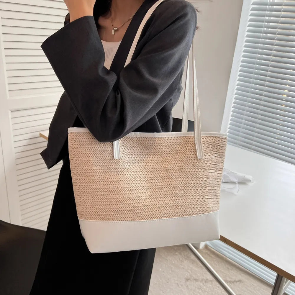 Woven Straw Tote Bag with Leather Straps – Large Summer Handbag
