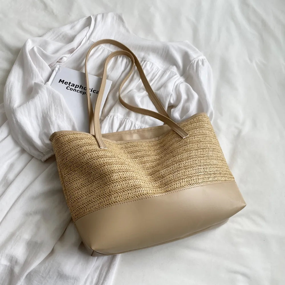 Woven Straw Tote Bag with Leather Straps – Large Summer Handbag