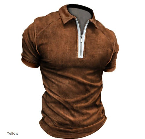 Summer Men's Short Sleeve Polo with Color Block and Zipper