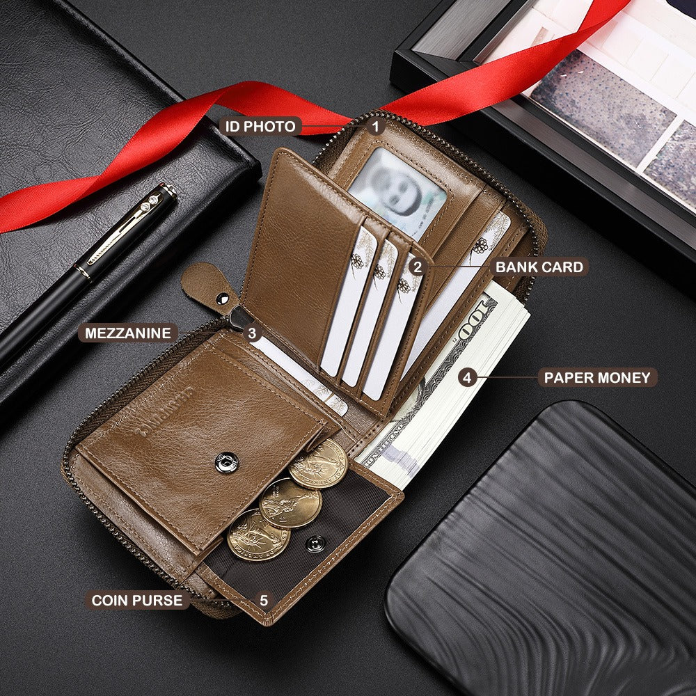 Chanpincl: Men's Leather Zero Wallet with Multi-Function Zipper