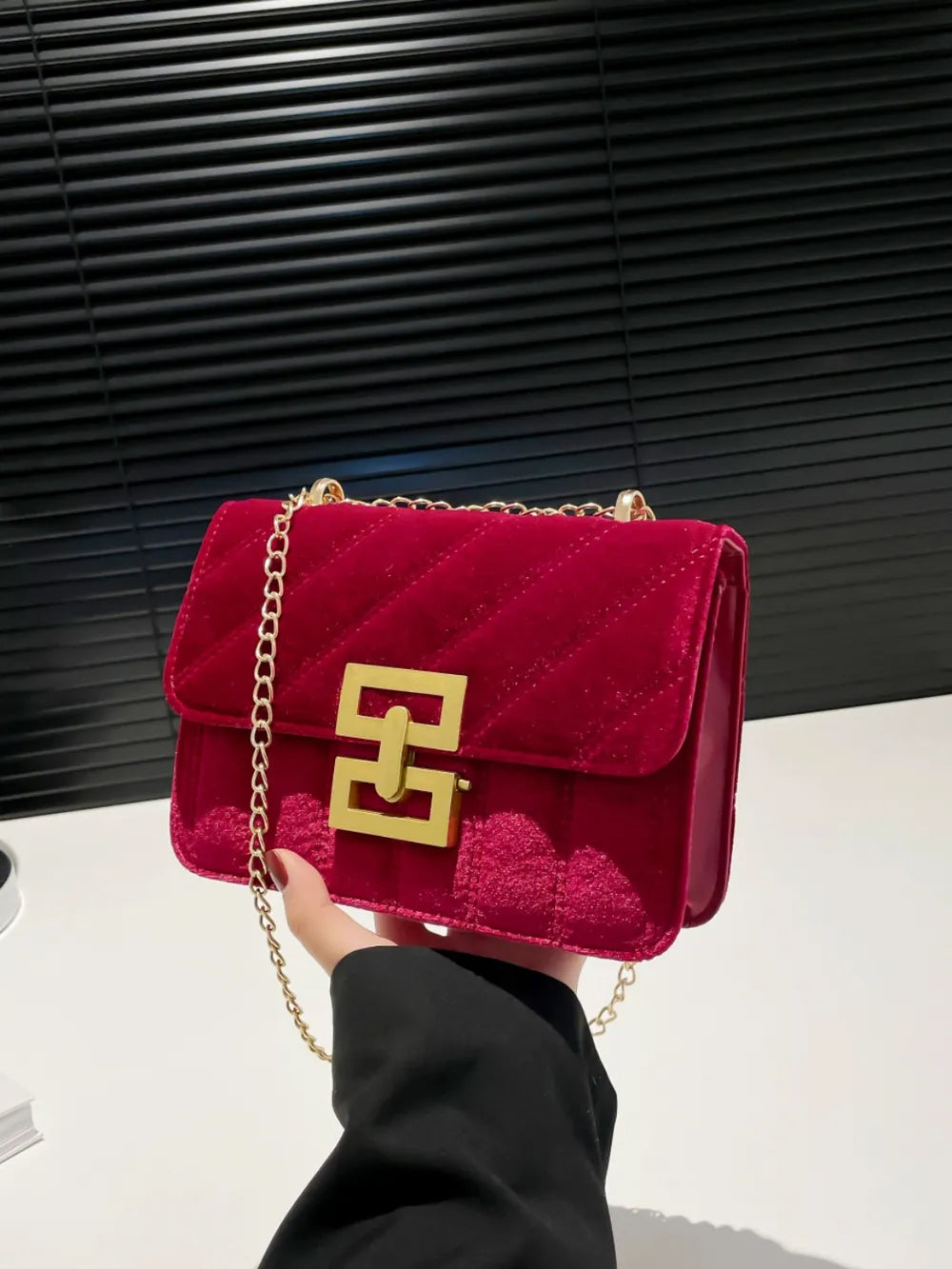 Elegant Velvet Crossbody with Gold Chain & Buckle Detail