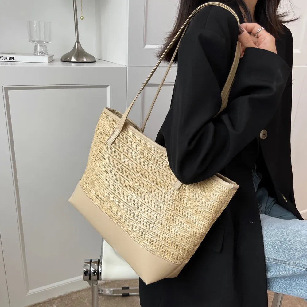 Woven Straw Tote Bag with Leather Straps – Large Summer Handbag