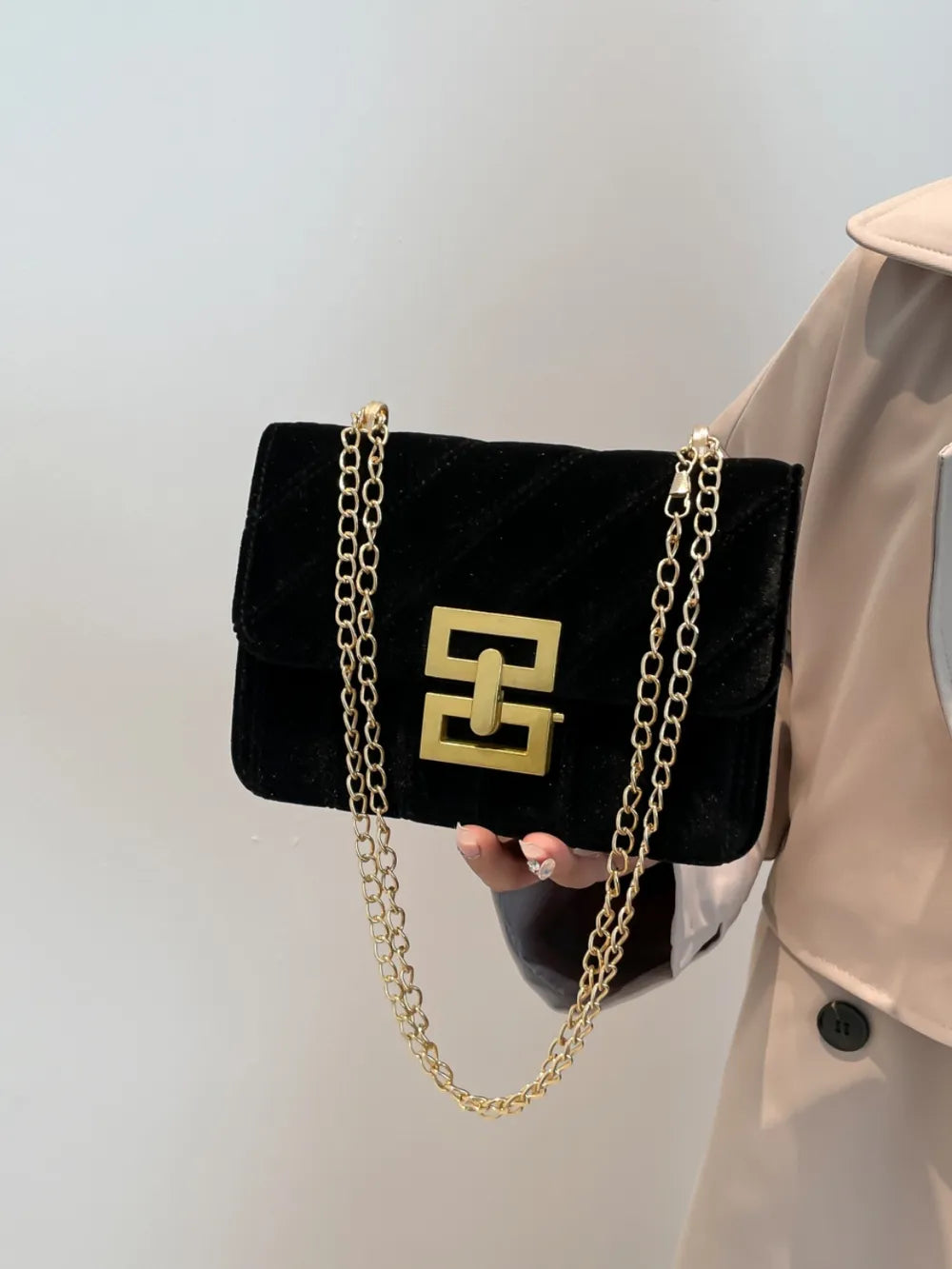 Elegant Velvet Crossbody with Gold Chain & Buckle Detail
