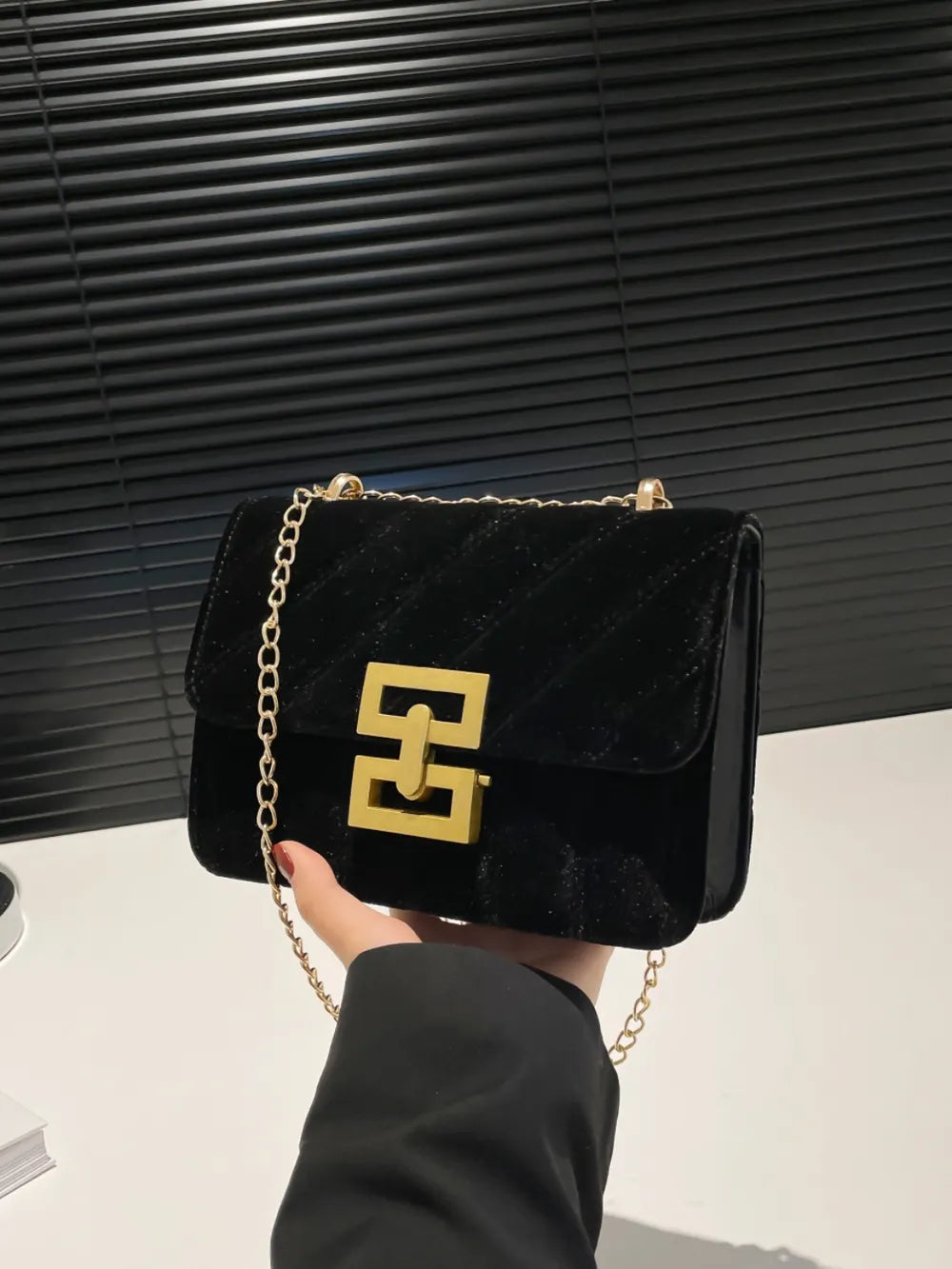 Elegant Velvet Crossbody with Gold Chain & Buckle Detail