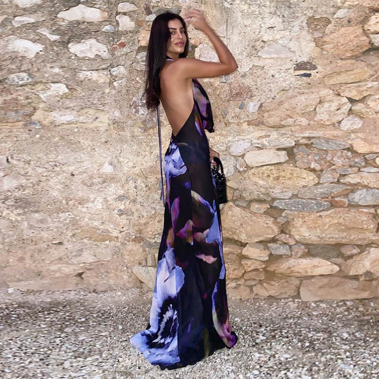 Printed Noir Elegance: Backless Hanging Neck Femme Fatale