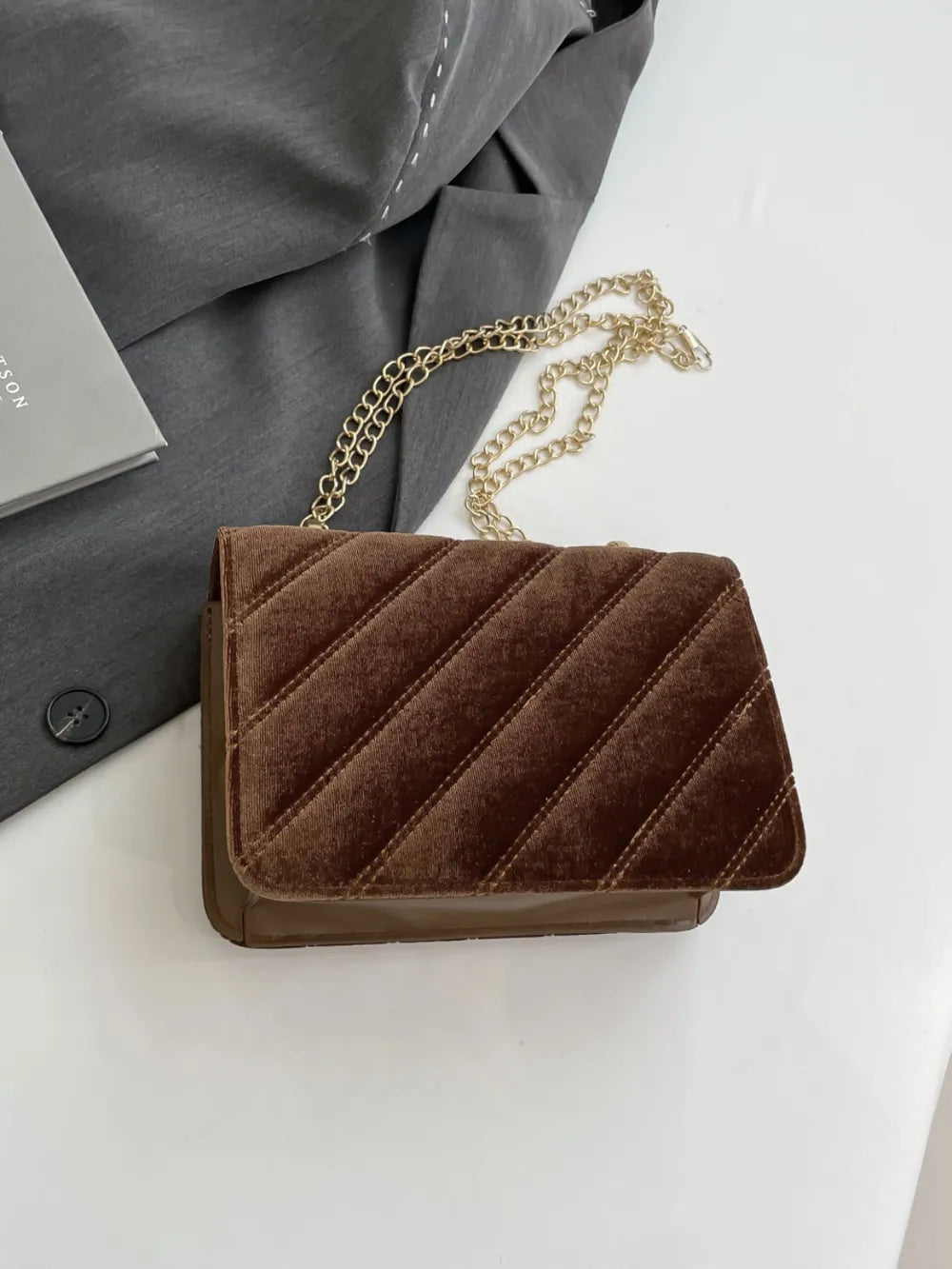 Elegant Velvet Crossbody with Gold Chain & Buckle Detail