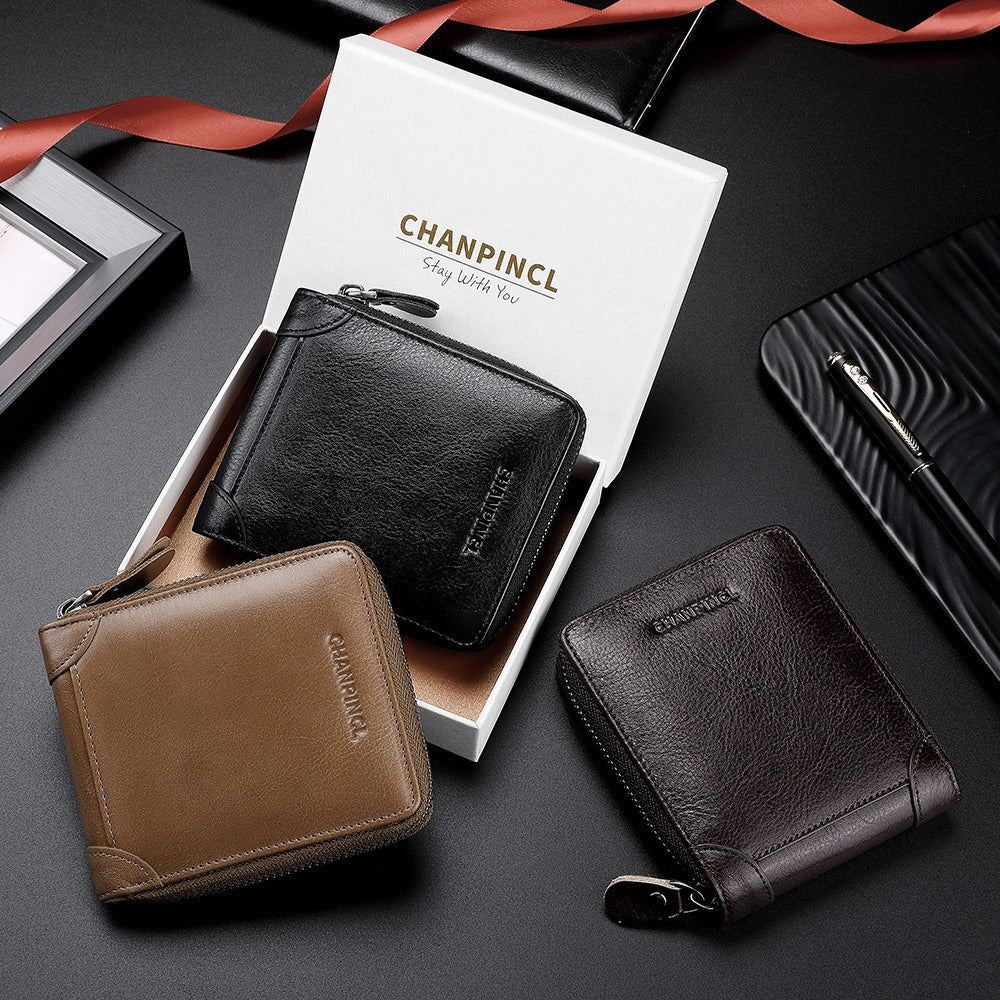 Chanpincl: Men's Leather Zero Wallet with Multi-Function Zipper