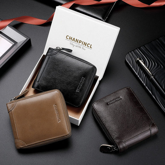 Chanpincl: Men's Leather Zero Wallet with Multi-Function Zipper