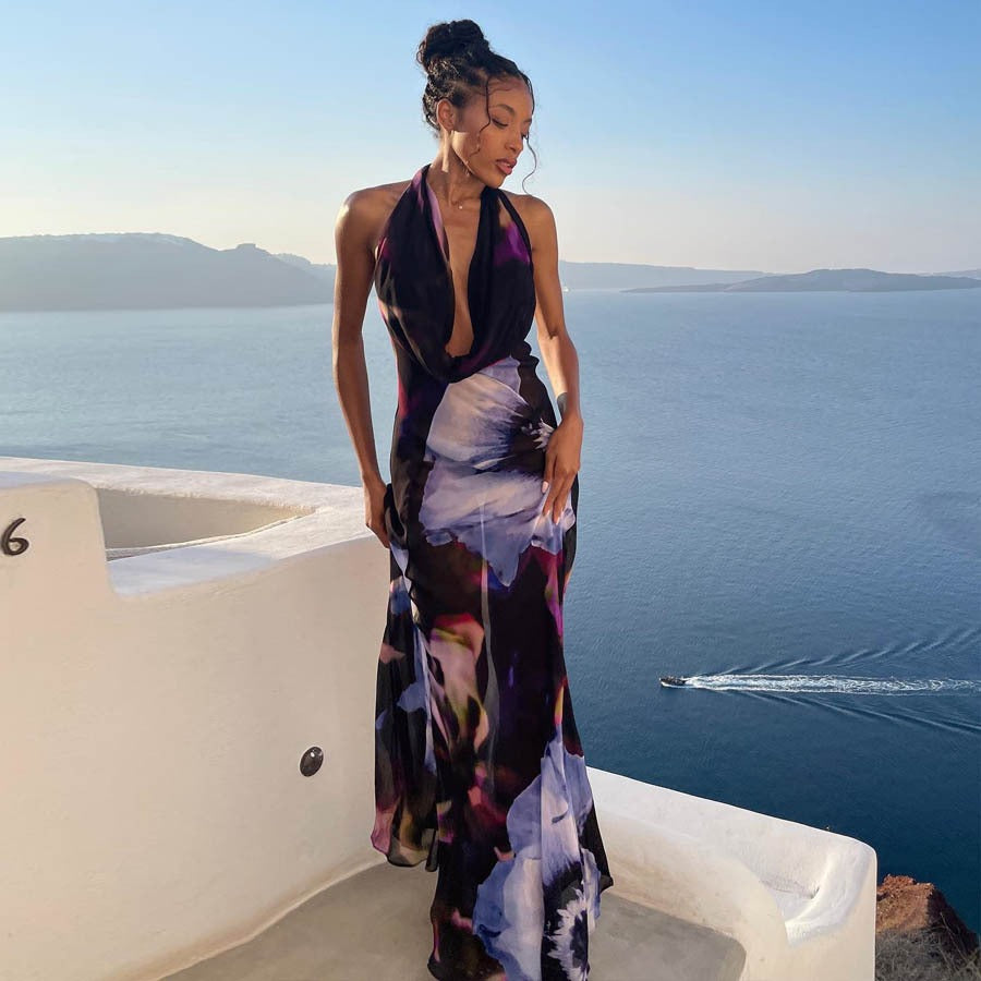 Printed Noir Elegance: Backless Hanging Neck Femme Fatale